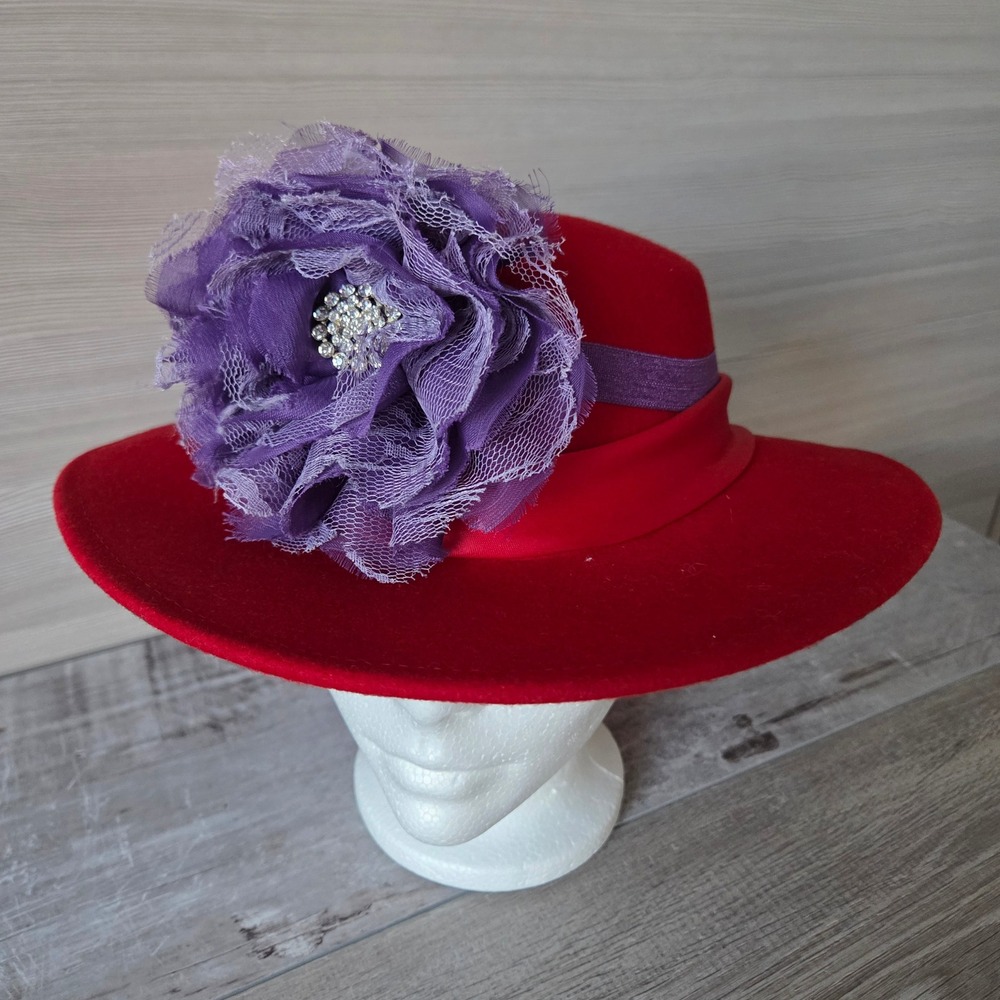 Bollman Red Hat Society Wool Felt‎ Women Purple Flower Satin Bow Derby USA Made